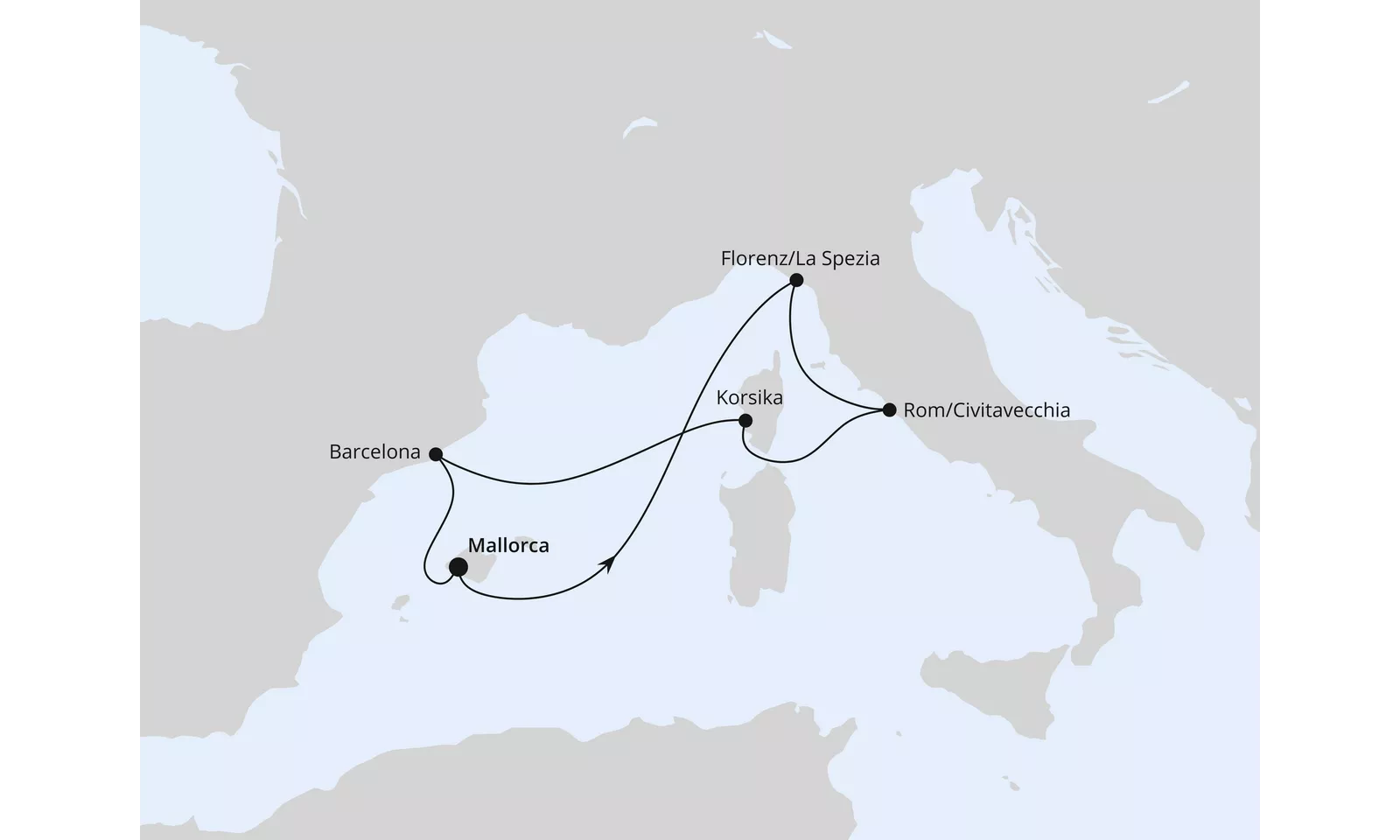 AIDAcosma Mediterranean Treasures with Corsica 2027 route map