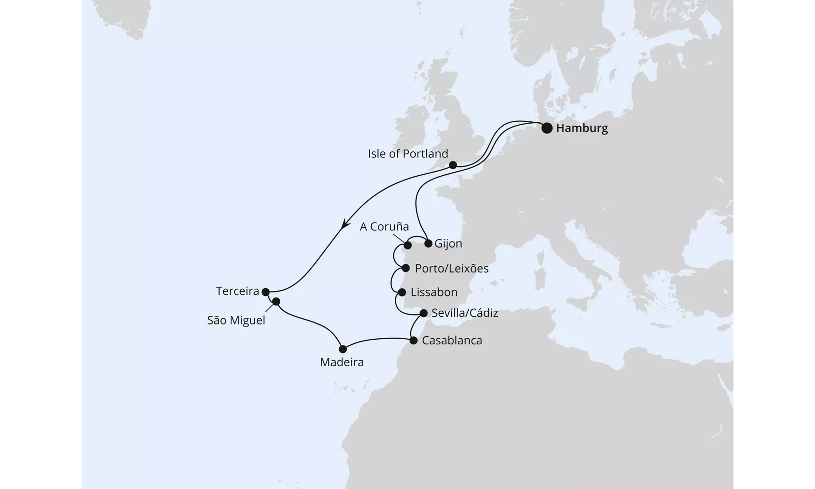 AIDAluna Azores & Morocco 2027 route map